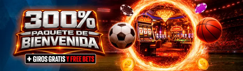 Banner del blog oficial de rojabet que anuncia un paquete de bienvenida del 300% con giros gratis y free bets, entre una máquina tragamonedas y balones de fútbol y básquetbol.