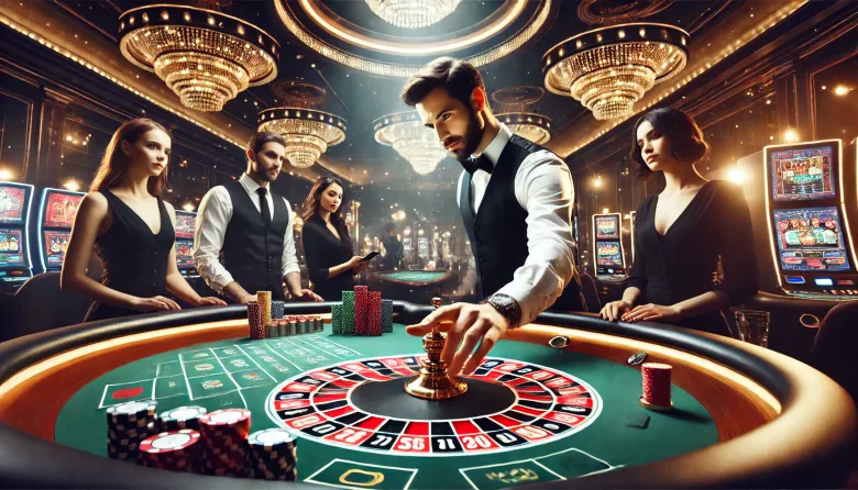 Ilustración del blog oficial de rojabet con una mesa de ruleta en un salón de casino en vivo.