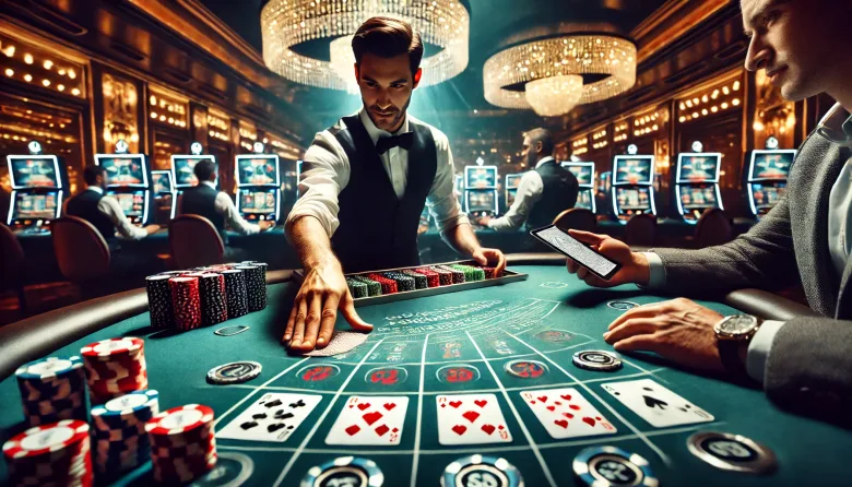 Ilustración del blog oficial de rojabet con una mesa de blackjack, cartas repartidas y fichas apiladas bajo luz de casino.