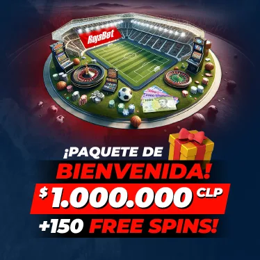 Gráfica del blog oficial de rojabet que anuncia un paquete de bienvenida de hasta $1.000.000 CLP y 150 giros gratis sobre un estadio con juegos de casino.