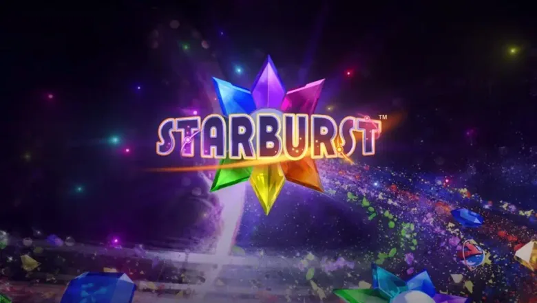 Arte de la tragamoneda Starburst con joyas de colores sobre fondo espacial, proveniente del blog oficial de rojabet.