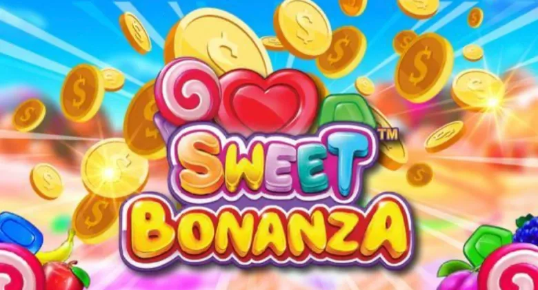Arte de la tragamonedas Sweet Bonanza rodeada de monedas doradas en el aire, publicada en el blog de la marca.
