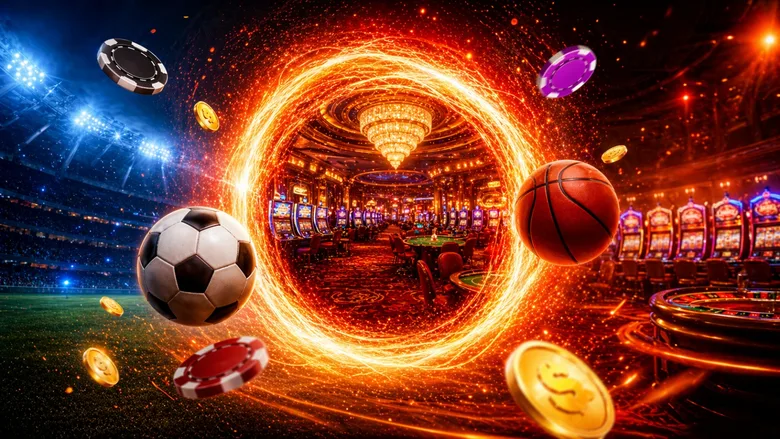 Composición del blog de rojabet con un portal de fuego que une una cancha de fútbol y un salón de casino, rodeado de fichas, balones y monedas.